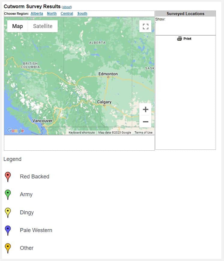 Alberta Insect Pest Monitoring Network's real time cutworm survey results map